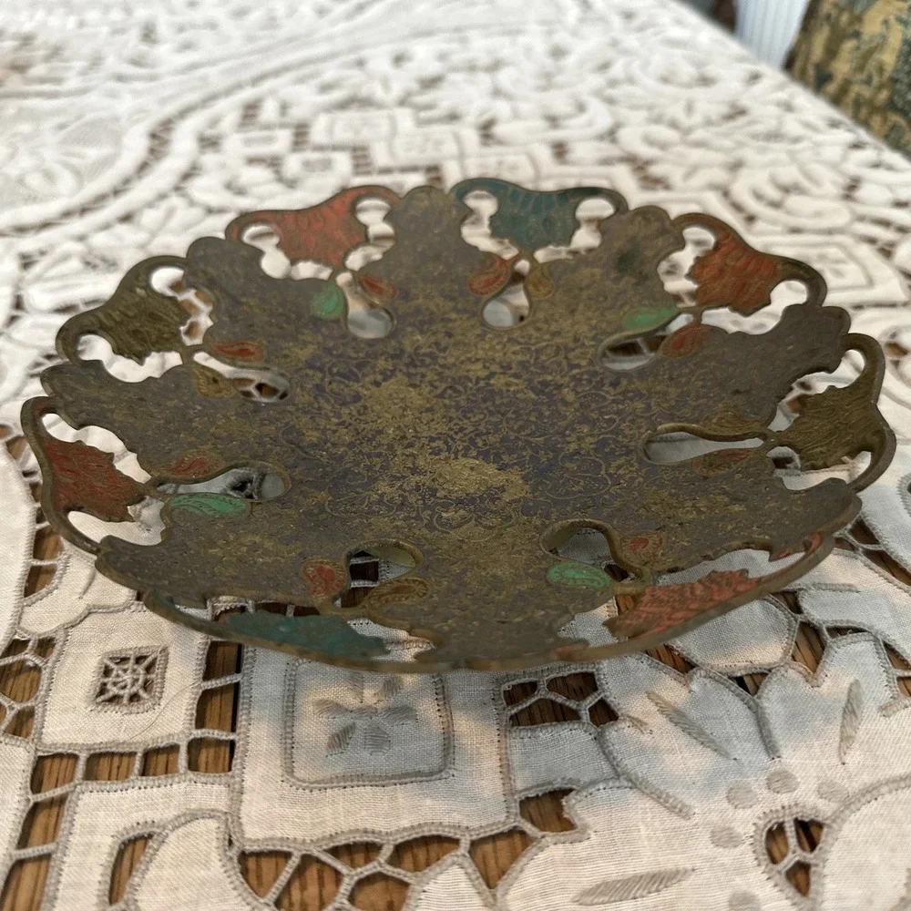 Vintage 1950's Brass Enameled Openwork Bowl Plant Stand From India